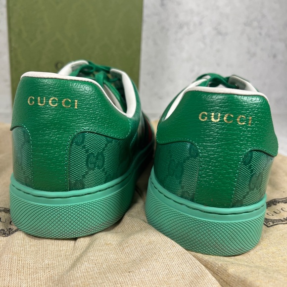 Gucci ACE GG Green Crystal coated canvas trainers. - Picture 2 of 15